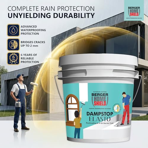 Image of BERGER HomeShield Dampstop Elasto Waterproofing Membrane Damp Proof Basecoat for Exterior Walls Self Priming Anti-Carbonation Solution (4L, White)