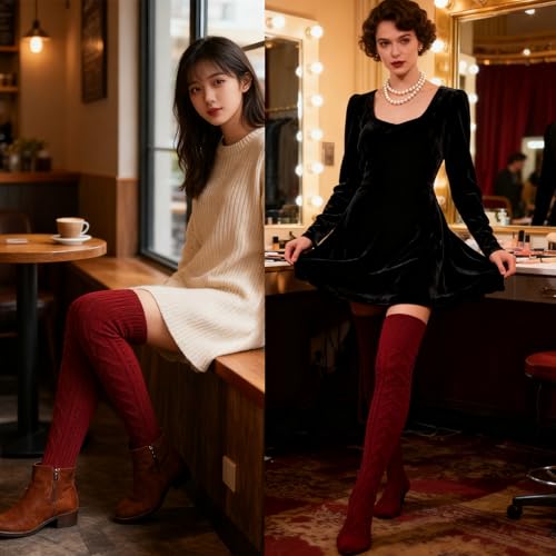 Image of YELAIVP Women's Cable Knitted Thigh High Boot Socks Extra Long Winter Stockings Over Knee Leg Warmers