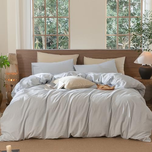 Image of MooMee Striped Duvet Cover Set 100% Washed Cotton Linen Like | Relaxed Linen-like Texture. Soft, Breathable & Long-lasting Comfort. Lightweight. Hidden Zipper with 8 Interior Corner Ties
