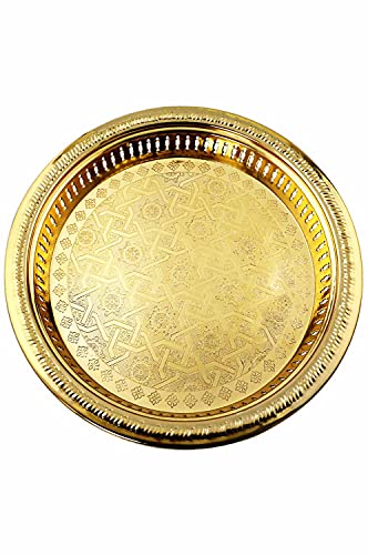 Orientalisches rundes Tablett Schale aus Metall Juman 40cm groß Gold | Orient Dekoschale mit hoher Rand | Marokkanisches Serviertablett Rund | Orientalische goldene Deko auf dem gedeckten Tisch