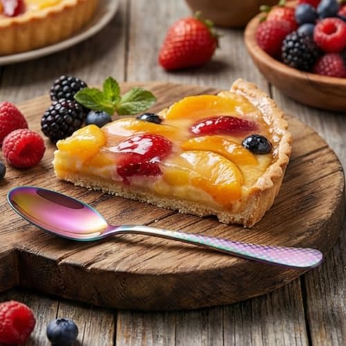 Image of 6.7 inch Rainbow Dessert Spoons Set of 5 with Checks Printed Handle ? Durable Stainless Steel Teaspoons, Mirror Polished Silverware Spoons, Perfect for Home, Restaurant, and Gifting