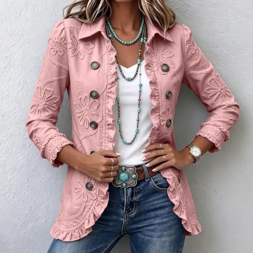 Womens Jackets Casual Long Cardigan Ruffle Trim Button Down Lapel Jacket - image 4