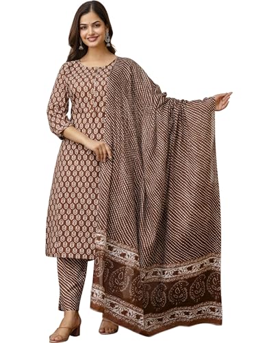 Women's Straight Fit Printed Jaipuri Cotton Kurta with Pants and ...
