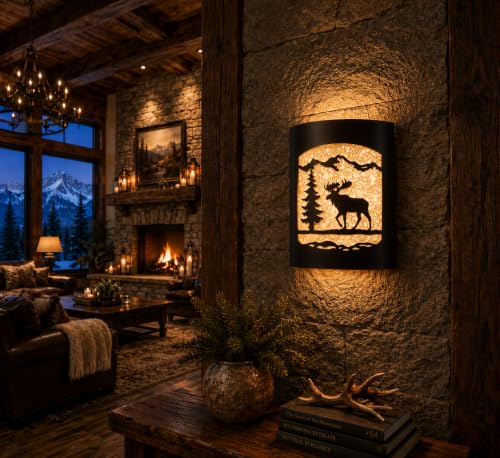 Image of Rustic Moose and Pine Tree Wall Sconce | Lodge Cabin Decor, Woodland Nature Design, Light Fixture