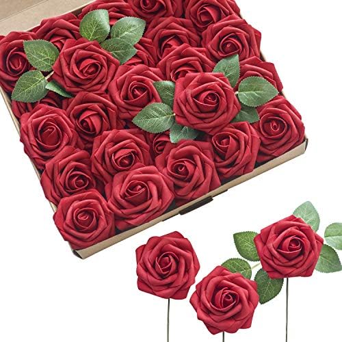 Ling's Moment Artificial Flowers Red Roses 25pcs Fake Flowers Roses for Christmas Decoration Valentine's Day w/stem for DIY Wedding Bouquets Centerpieces Arrangements Party Home Decorations