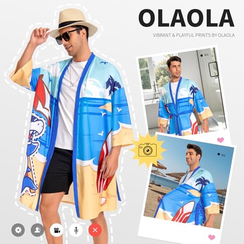 Image of OLAOLA Men Lightweight Kimono Robe with Belt Japanese Style Robe Jacket Casual Open Front Long Cardigan Cape Coat Outwear