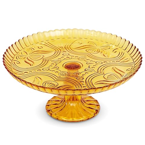 Amici Home Flower Footed Glass Cake Stand | Round Vintage Style Cake Plate | Serving Platter for Cupcakes, Cookies | Dessert Display Stand for Parties, Weddings, and Gift | 10” D x 4” H (Amber)