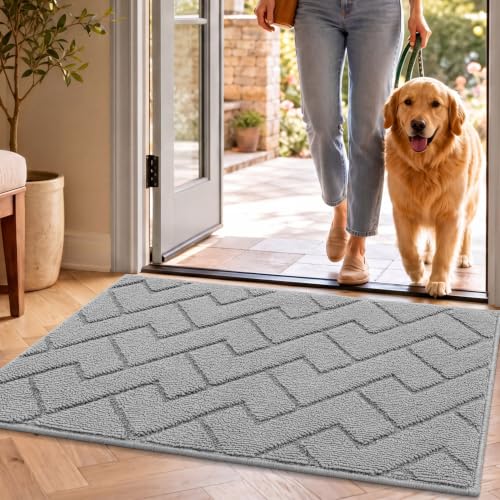 Image of hicorfe Dirt Trapper Doormat,20 inchx32 inch Welcome Door mat,Non Slip Backing Washable Door Mats,Absorbent and Resistant Low-Profile Entrance Inside Floor Mat for Front Back Door and Entryway(Light Grey)