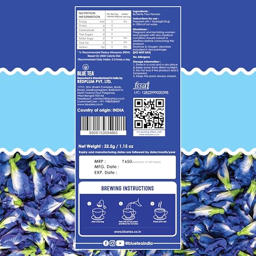 Image of BLUE TEA - Butterfly Pea Flower Tea - 25 Tea Bags (Pack of 2) Plant Based | Weight Management | Antioxidant Rich | Shankhpushpi | Caffeine Free - Flower Based | Single Tear Box | Easy Pull Sachets