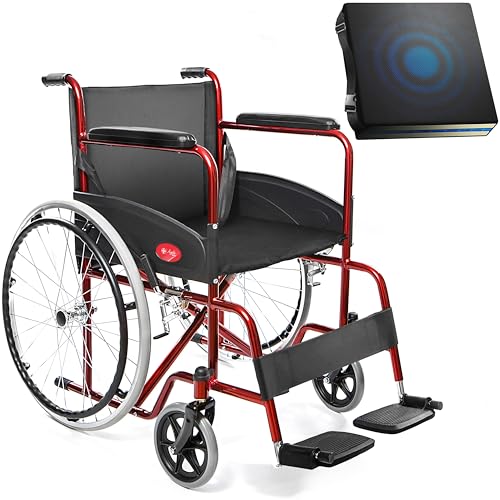AIESI® Sedia a Rotelle pieghevole leggera per disabili ed anziani AGILA BASIC, Cuscino antidecubito in gel, Braccioli e poggiapiedi fissi, Cintura di sicurezza, Garanzia Italia 24 mesi
