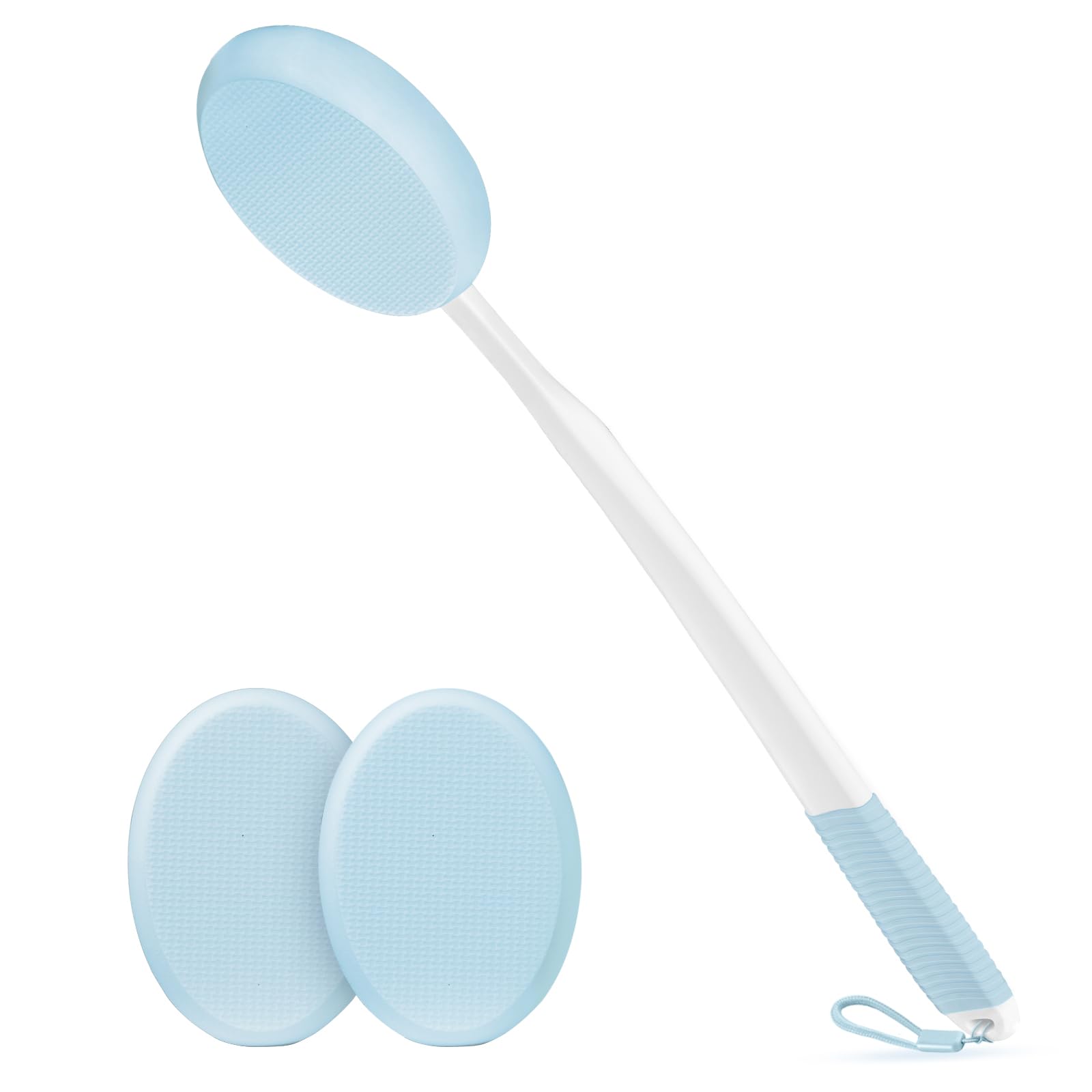 19" Long White Handle Back Lotion Applicator with Blue Non-Slip Grip & 3 Washable Blue Pads