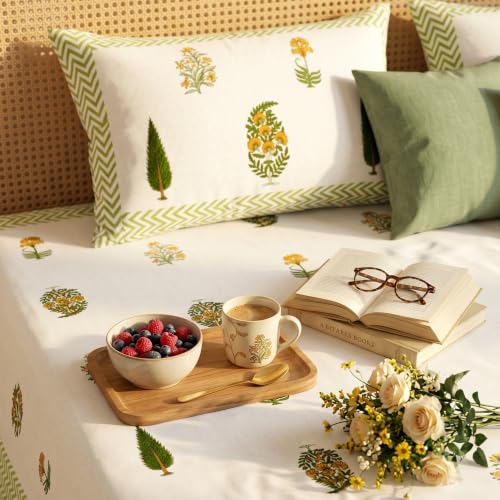Image of Naksh Bedsheet for Double Bed King Size Minimal Botanical Print 2 Pillow Covers | Minimal Botanical Print in Bedsheet Double Bed | Fresh Contemporary King Bed Design | Royal Sajawat Collection |