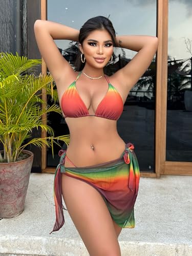 SEGT Women's 3 Piece Swimsuit Triangle Halter Side Tie Thong Bikini Set with Cover Up Skirt2