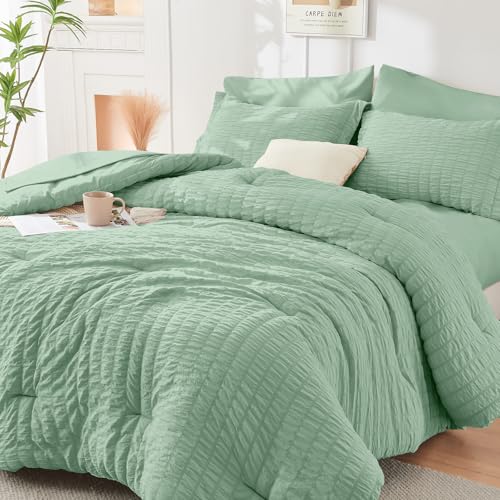 Image of HYMOKEGE Sage Green Full Size Comforter Sets Seersucker 7 Pieces, All Season Luxury Bed in a Bag for Bedroom, Bedding Set with Comforters, Sheets, Pillowcases & Shams