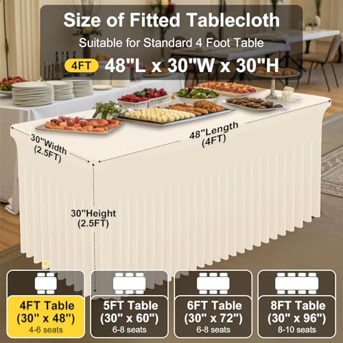 Image of Smiry Spandex Elastic Fitted Table Cloth Skirt for 4FT Rectangle Table | Stretch Washable Table Cloth, Banquet Table Cover for Wedding, Party, Indoor & Trade Shows, (Beige, 48Lx30Wx30H)