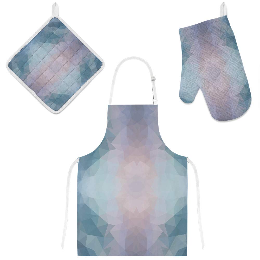 Tablier de cuisine imperméable triangle bleu avec gant de four et manique
