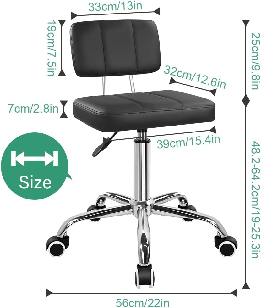 FURWOO Simple Square Office Chair with Back 360 Swivel Stool Chair with Wheels Height Adjustable Stool for Home Work Shop Task Spa Black