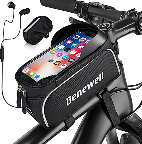 Benewell Bolsa de marco para bicicleta, impermeable, bolsa de almacenamiento frontal con visera solar y cubierta de lluvia para teléfono I, Samsung y otros smartphones de menos de 6,5 pulgadas Cover