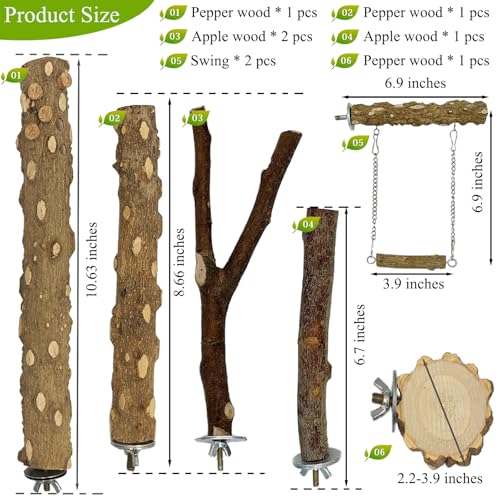Image of Natural Wood Parrot Perch 8pcs Set Apple & Pepperwood Perches, Swings, Platforms, Chewing & Paw Grinding Stands for Small to Medium Birds, Cage Accessories(8 PCS Swing, Universal)