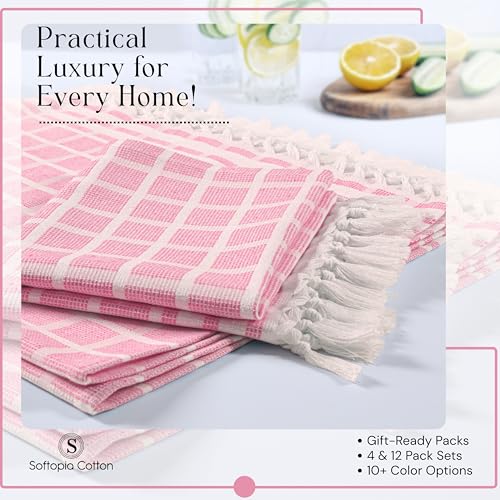 Image of Matrix Dobby Kitchen Towels 4 Pack 100% Cotton, 16x26 Inches, Dish Towels with Knotted Tassels, Reusable and Washable Cloths for Cleaning, Drying Dishes - Rose Pink, Natural