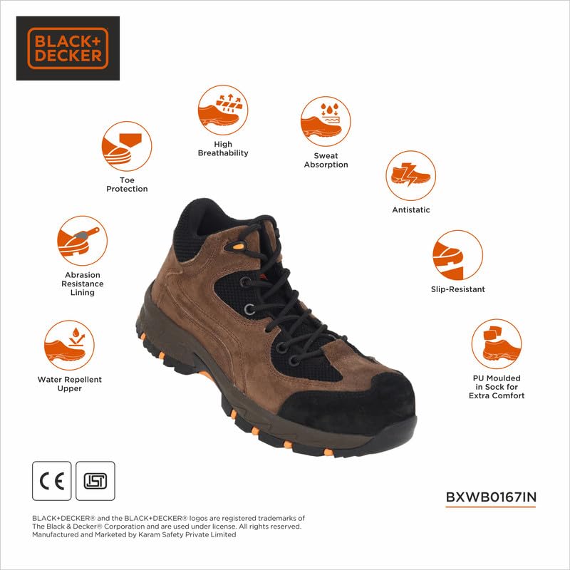 Image of BLACK+DECKER High Ankle Olive Suede Leather Safety Shoes for Men | Double Density | Fiber Toe | Antistatic & Antislip | BXWB0167IN