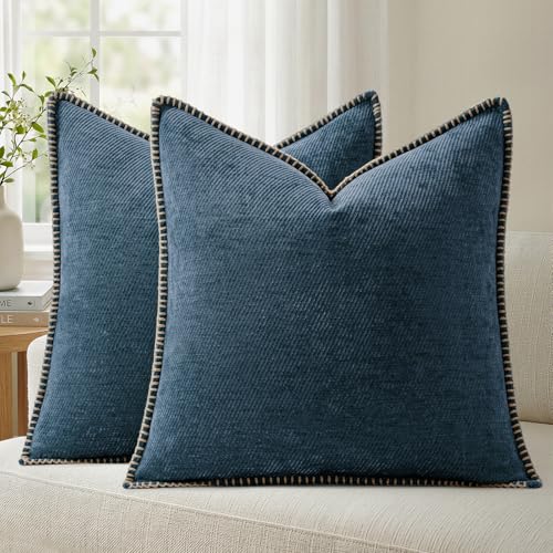 Image of a moment Pack of 2 Decorative Chenille Throw Pillow Covers with Twill Cushion Covers for Sofa Living Room Couch Bed 20x20 Inch,Crafted Border Blue