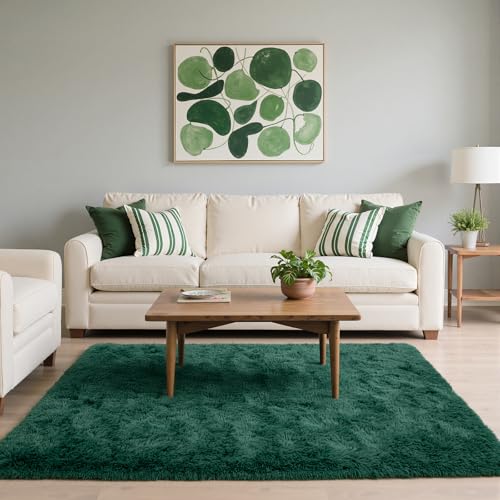 Zentavio Emerald Green Rugs for Bedroom 4x6 Dark Green Area Rugs for Living Room Fluffy Fake Grass Carpet for Kids Room Playroom Furry Shag Aesthetic Soft High Pile Washable Home Decor