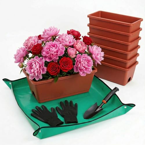 Yokodaza Red Window Box Planters, 7 Pack Rectangular Plastic Flower Planters Boxes with Saucers...