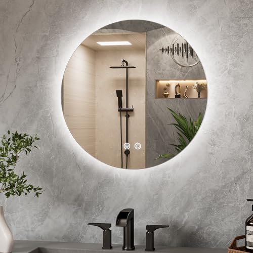 TETOTE 50cm Round Bathroom Mirror with LED Light Illuminated Vanity Mirror with Backlit Light Multifunction Smart Bathroom Mirror Anti-Fog Wall Mounted Mirror 3 Colors Dimmable Memory Function