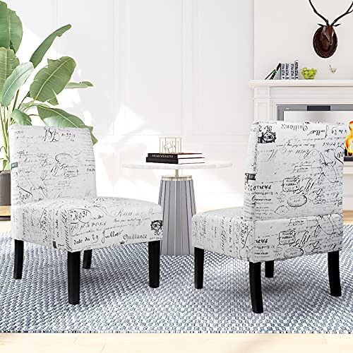 Sthouyn Modern Fabric Armless Accent Chair Set Of 2 Decorative Slipper Chair Vanity Chair For Bedroom Desk, Corner Side Chair Living Room Furniture English Letter Print White #TOP1