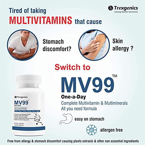 Image of Trexgenics Mv99 Multivitamin One-A-Day Easy On Stomach - Complete Daily All You Need With Multiminerals & Micronutrients For Men & Women (60 Veg. Capsules) (Pack Of 2 Count)