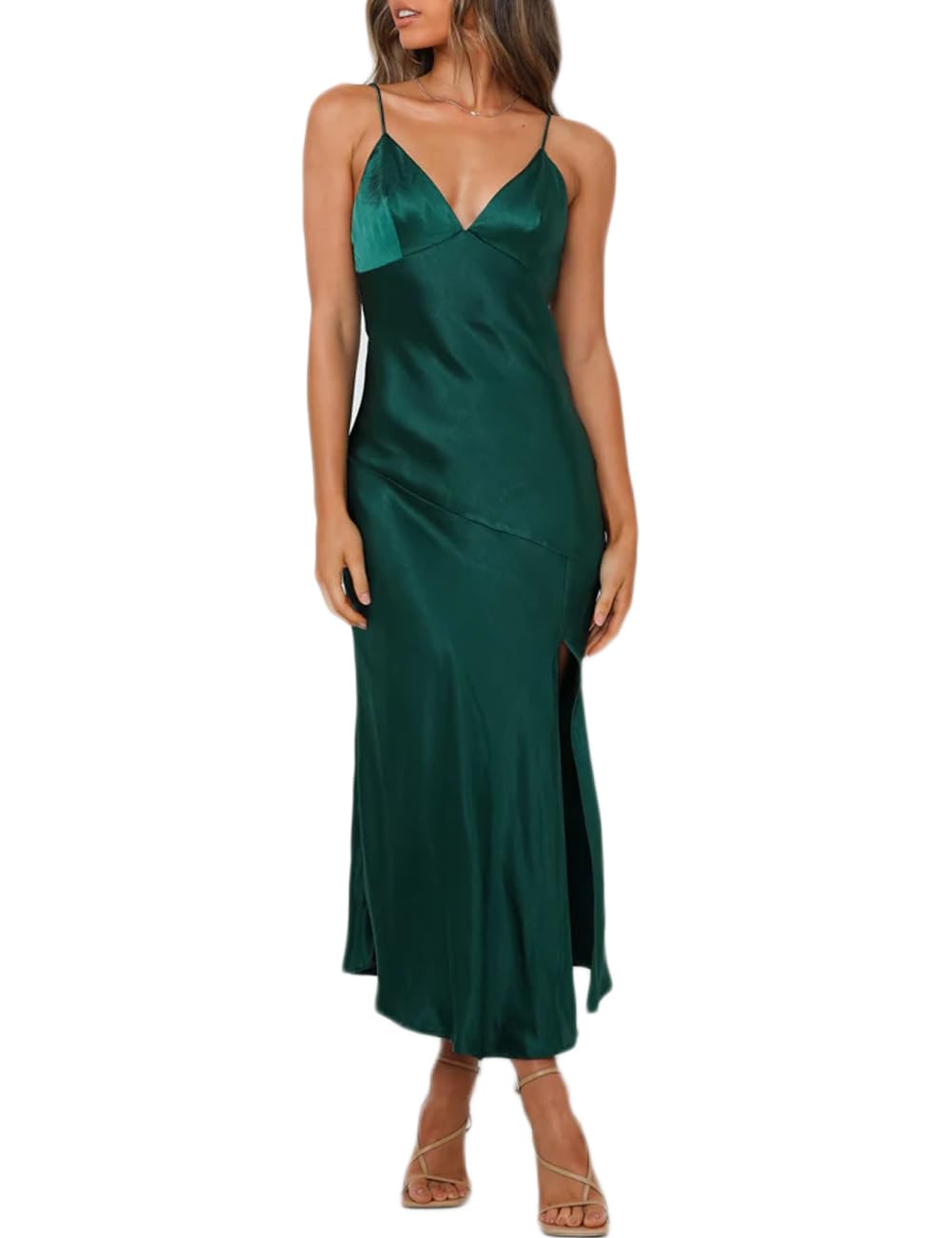 HKMECRI Summer Satin V Neck Silp Midi Dress for Women Wedding Guest 2025 Sexy Spaghetti Strap Backless Long Dresses with Slit