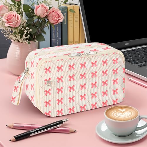Image of WOBAGMEN Cute Pencil Case,Large Corduroy Zippered Pencil Case Pouch, aesthetic Pencil Bag with Compartments, Pencil Pouch School Supplies (HY-corduroy pc-pink bow)