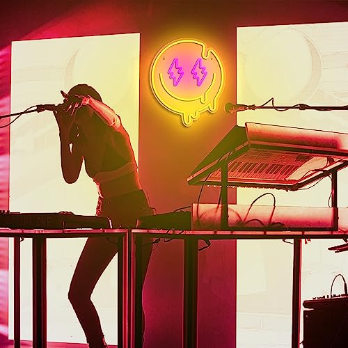 Image of Melting Smile Face Neon Sign Dimmable Melted Smiling Face Neon Signs for Wall Decor Neon Smile Light Signs for Kids Room Party Bedroom Wall Art Decor USB Powered Holiday Gift