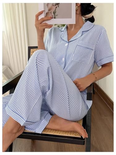 SHENHE Women's Striped Pajama Set Button Down Short Sleeve Pjs Soft Pants Loungewear Set4
