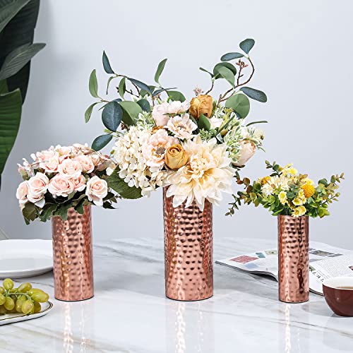 Mygift Modern Hammered Copper Tone Metal Tall Cylinder Flower Vases, Decorative Centerpiece, Set Of 3 (Large, Medium, Small Sizes) #TOP1