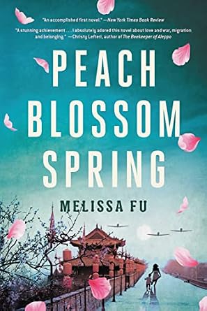 Peach Blossom Spring, blue book cover depicting a house in the distance, surrounded by pink blossom petals and a shadowy figure walking towards it.