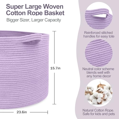 Image of MEGASKET 115L Extra Large Purple Storage Basket, 23.6 inch X 15.7 inch Jumbo Woven Cotton Rope Bin for Throw Blankets Pillows, Baby Laundry Basket, Dirty Clothes Organizer, Big Storage Box for Toys, Towels