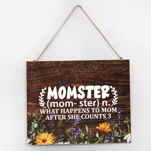 Letrero de pared de madera con texto "Momster", 25.4 x 30.5 cm, decoración de pared, letreros de madera envejecida para cocina, porche