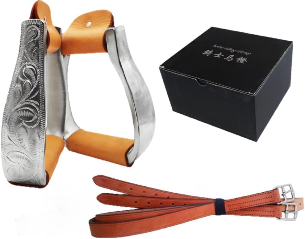 5" Western Horse Riding Stirrups Hand Carved Lightweight Aluminum Stirrups with Saddle Belt,Genuine Leather wrapping-MP1134