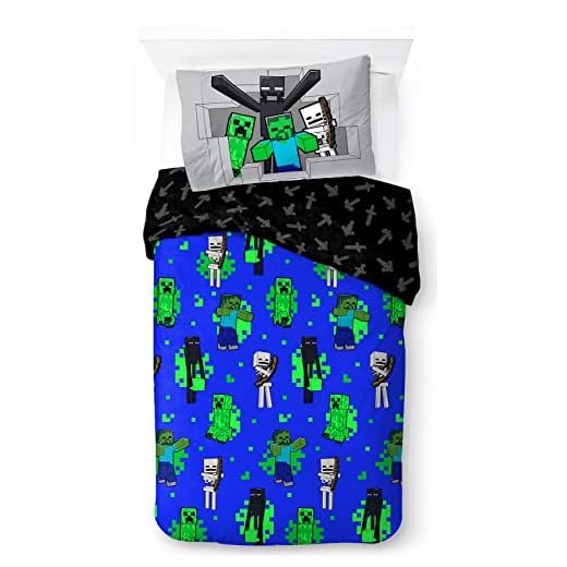 Jay Franco Minecraft Fight Back Juego de Ropa de Cama Infantil 100% algodón 135 x 200 cm Tamaño de Cama Individual - Funda nórdica + Funda de Almohada 50 x 70 cm