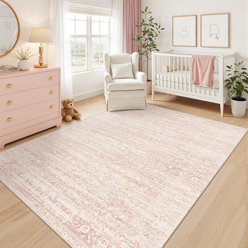 Soalmost Pink 6x9 Area Rugs for Baby Girl Nursery, Washable