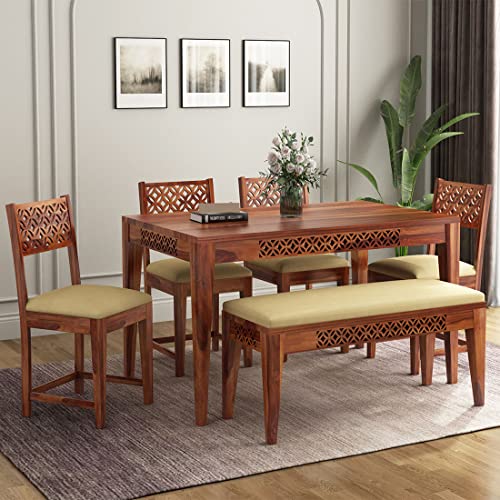 Image of Sheesham Wood 6 Seater Dining Table Set for Home Hall || Solid Wood CNC Dining Table with 4 Cushion Chairs and Bench for Hotels || Dining Room Sets - Honey Teak Finish