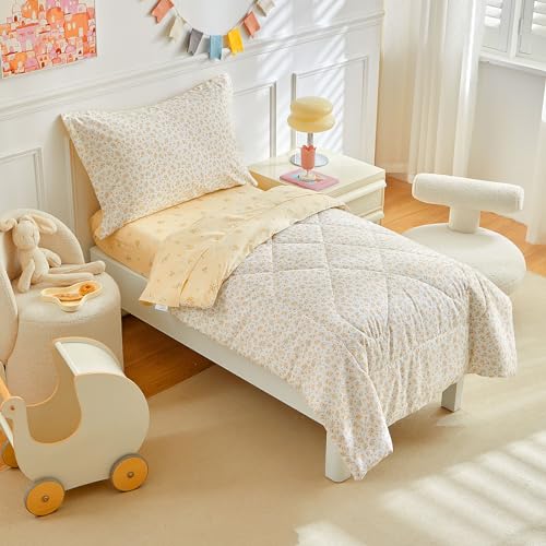 Image of DuShow 4 Piece Cotton Toddler Bedding Set for Girls,Pink Toddler Comforter Set Bed in a Bag,Reversible Floral Crib Bed Sheets Set Include Comforter,Flat Sheet,Fitted Sheet,Pillowcase