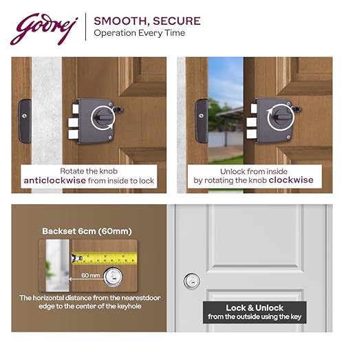 Image of Godrej Tribolt Compact 1CK LB | for Inside /Outside Opening Wooden Doors | 60mm Backset | Reversible Latch | 3 Keys | 3-Bolt Locking | Textured Brown Finish | 5 Year Warranty