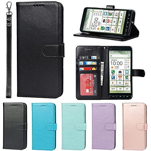 Eastwave かんたんスマホ2 A001KC ケース 京セラー Basio 4 KYV47 手帳型 KYV 47 Basio4 財布型 カバー ケース ストラップ付き PUレザー カード収納 横置きスタンド 機能 明るい色 内蔵マグネット?ブラック