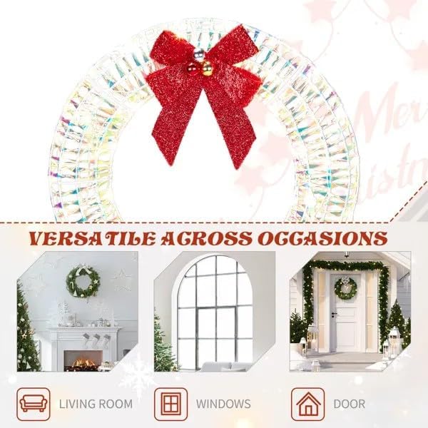 24 Inch Pre-lit Iridescent Christmas Wreath with Red Bow, Warm White LED Lights, Metal Outdoor Indoor Holiday Door Wall Decoration