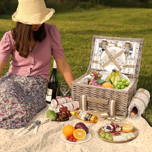 Picknickkorb für 2 Personen mit Decke – Picknickkorb aus Weide mit Gurt, Weintasche, Picknick-Set aus Weide für 2 Personen mit isoliertem Kühler, Weidenkorb mit Besteck-Set, Beige