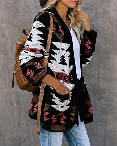 Image of FERBIA Women Boho Cardigan Aztec Open Front Loose Slouchy Sweaters Tribal Long Sleeve Knitted Christmas Jacket Coat
