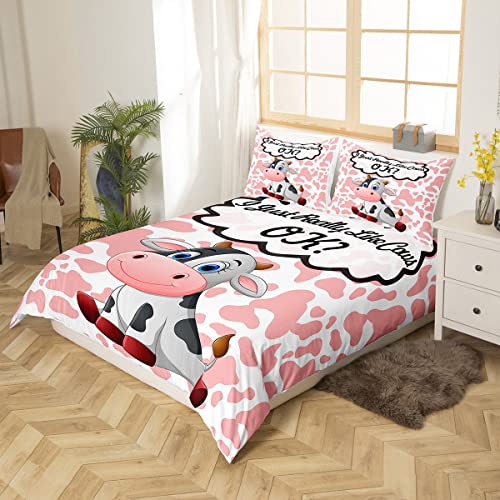 Loussiesd Kids Cute Cow Comforter Cover Milk Cow Bedding Set Girls Pink White Cow Fur Duvet Cover for Children Boys Toddler Cartoon Farmhouse Animal Bedspread Cover Single Size - Image 2